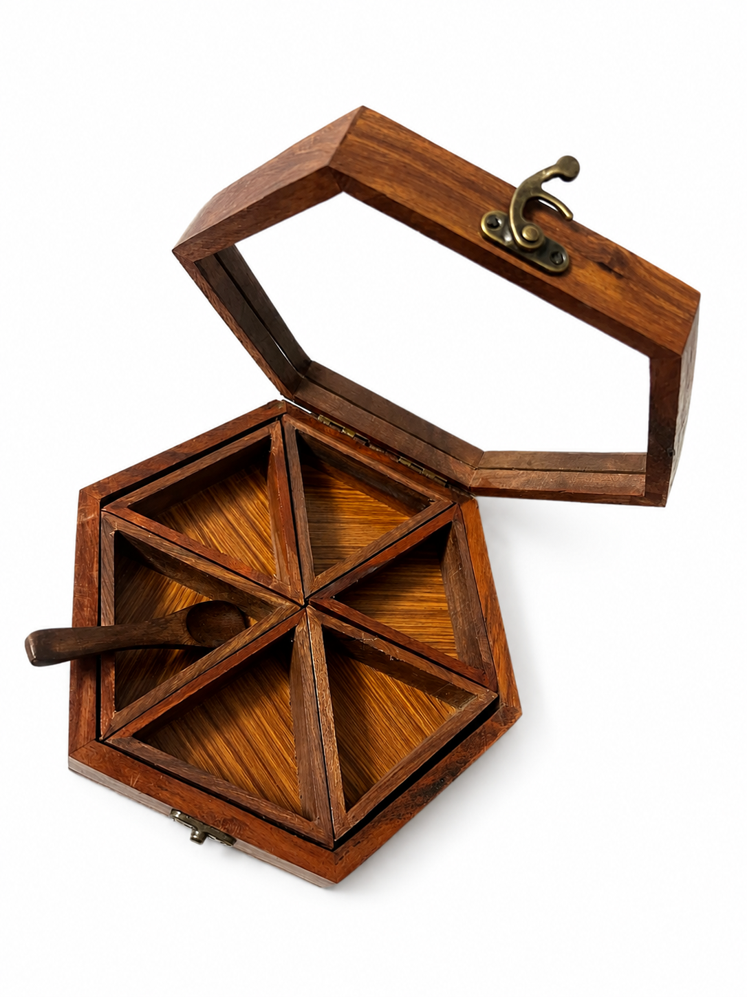 Handmade hexagonal Neem wood spice box with glass lid closed