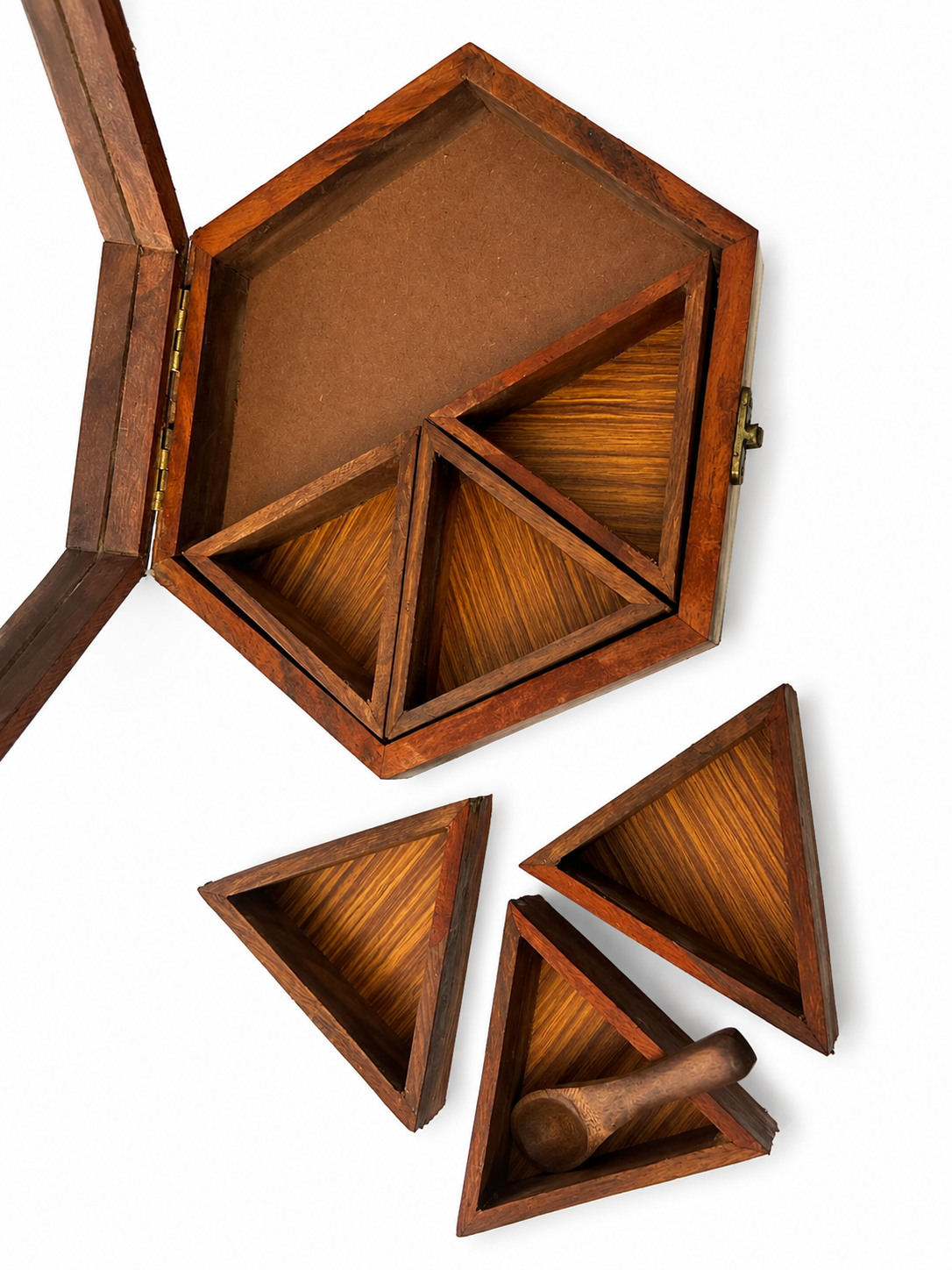 Close-up of brass-tone clasp on the spice box lid