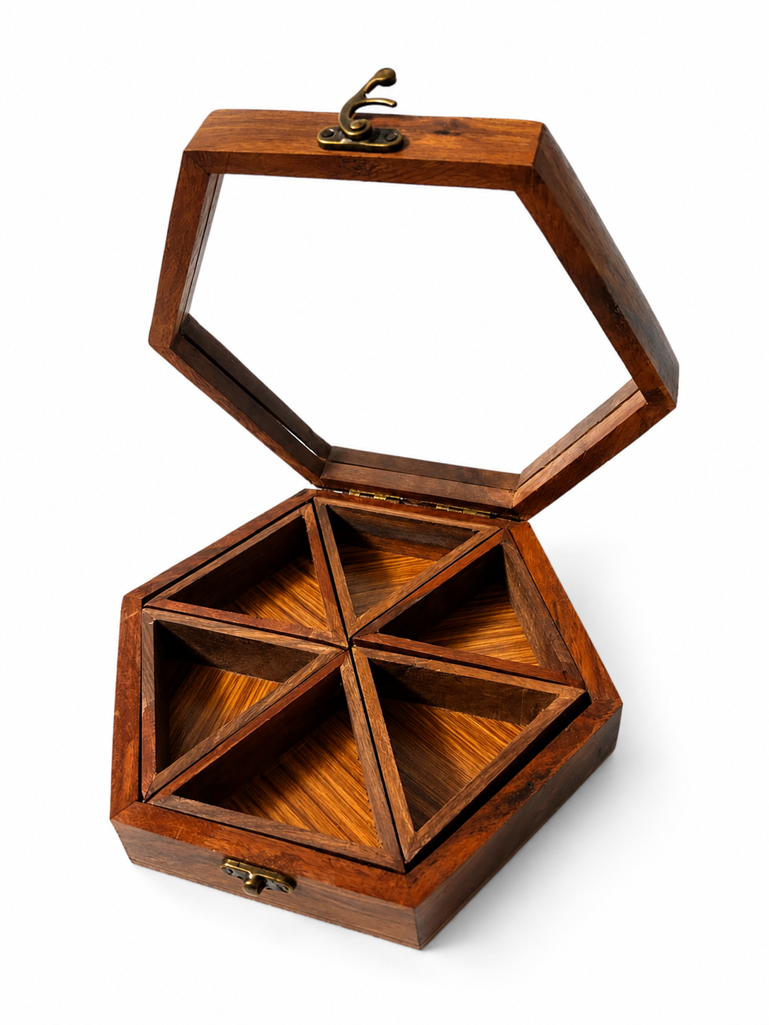 Hand-turned wooden spoon resting beside the spice box